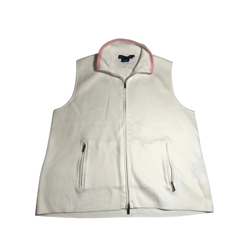 Ralph Lauren Women's White Full Zip Vest Pink Collar Embroidered Pony XL Golf
